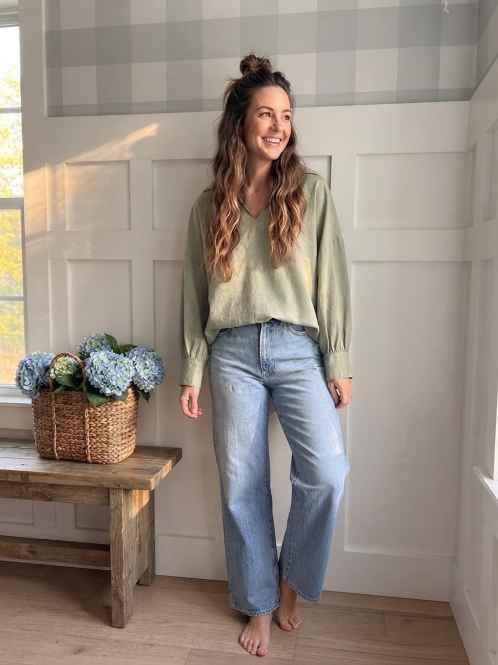Olsen Relaxed V-Neck Blouse in Sage Green Medium / Large